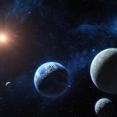 Stunning view of planets, moons, and a bright star in deep space with glowing nebulae and countless stars. Perfect for science, astronomy, and space exploration themes.