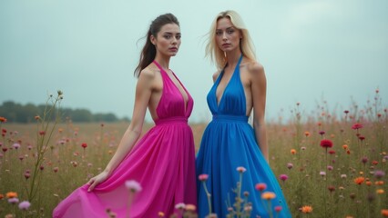 Fototapeta premium Two Elegant Women In Floral Field