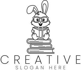 Cute Bunny Rabbit Reading Book Adorable Kids Illustration Design fun art logo line icon books smart 