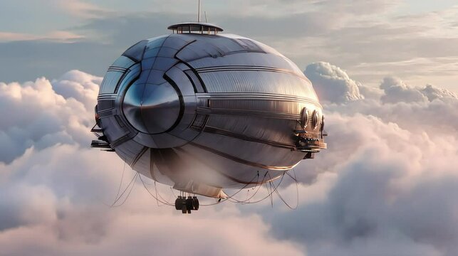 Futuristic airship floating above clouds in bright sky