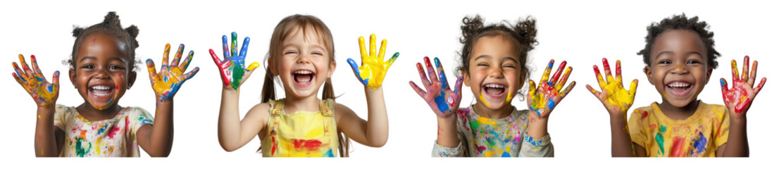 PNG Joyful children with colorful hands, element set on transparent background