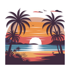 Vector Illustration of a Beautiful Beach Sunset with Calm Waves