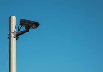 青空背景、監視カメラ静かに見守る