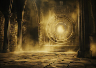 Ancient mystical golden portal inside old stone temple with magical glowing light and smoky atmosphere, fantasy time travel concept