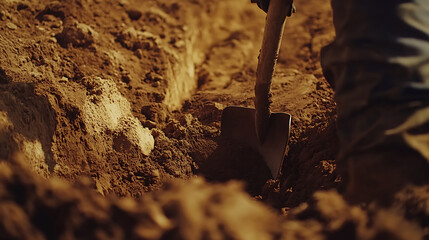 Close-up of a shovel digging into soil