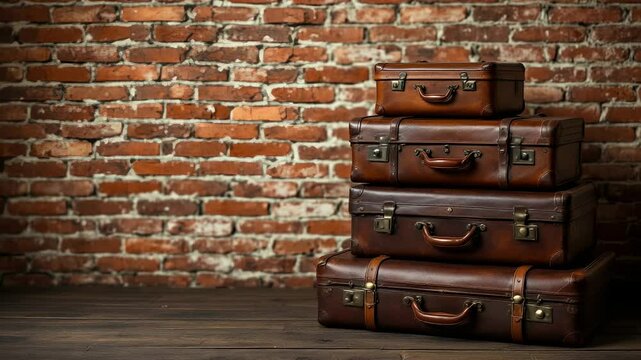 stacked vintage luggage against aged brick wall with rustic wooden floor, hinting at journeys