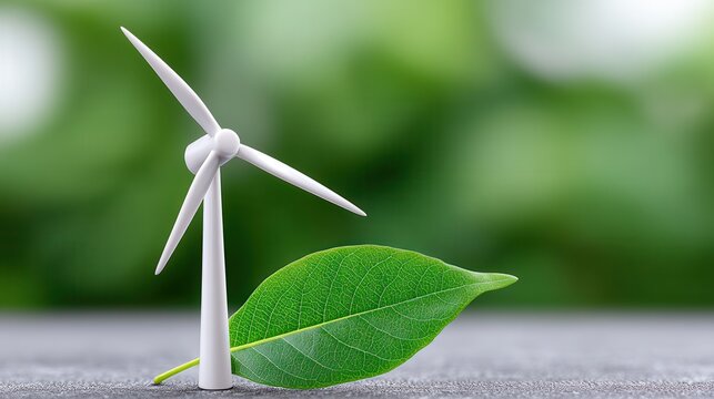 A windmill placed on a green leaf, symbolizing eco-friendly energy. The trend of using renewable and clean energy. Renewable energy support.