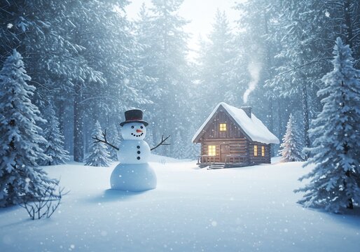 雪景色 温かい光輝く森の小屋と雪だるま