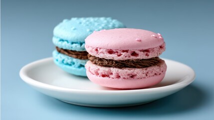 Colorful and appetizing macarons arranged beautifully with an elegant look. A dessert or treat to be enjoyed with beverages. An image for product advertising or promotional media.