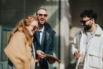 A cheerful group of friends or coworkers sharing a laugh in a sunny outdoor setting.