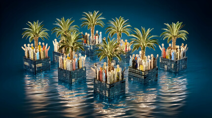 Obraz premium islands with neon trees and happy avatars waving from the edges