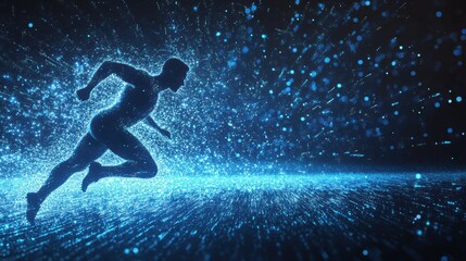 Obraz premium Abstract silhouette of a running man, glowing blue particles background, energy, speed, motion.