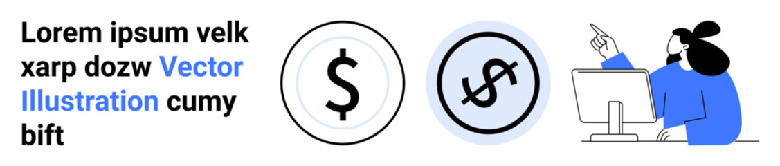 Woman pointing at a computer screen while analyzing dollar signs in circle icons. Ideal for finance, investment, analytics, economy, business, planning, simple landing page