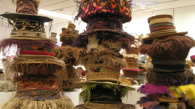 Large group of whimsical and colorful hats crafted from natural woven materials, decorated with feather-like embellishments on display inside of an art gallery.