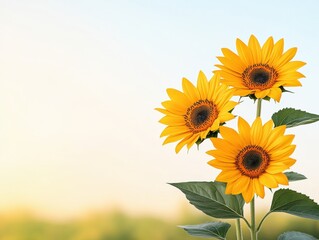Obraz premium Three vibrant sunflowers against a soft, blurred background of a sunlit field