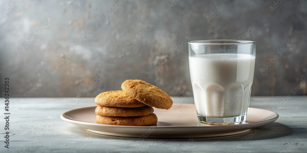 Poster A delightful stack of golden brown cookies rests on a pale plate next to a glass of refreshing milk, creating a simple yet inviting scene.