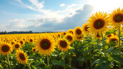 Obraz premium Vibrant Sunflower Field Stretching Towards the Horizon