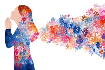Empathetic Woman Praying Surrounded by Colorful Flower Silhouettes Representing Emotions in a Whimsical Art Style