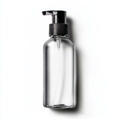 Clear bottle with black pump dispenser on a plain white background