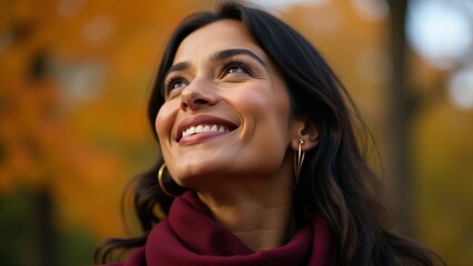 Fototapeta premium Woman Smiling In Autumn Forest Scene