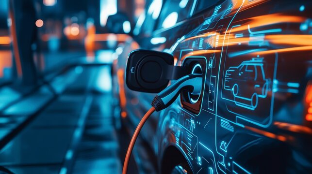 Electric car charging at night, futuristic interface displayed on car. - Powered by Adobe