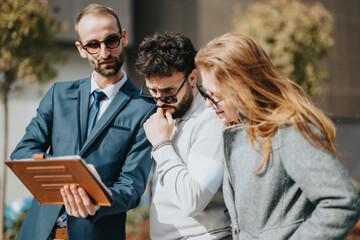 A trio of business people engaged in a focused discussion using a digital tablet.