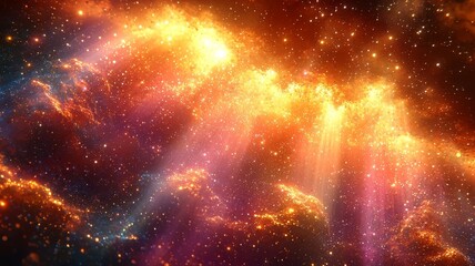 Naklejka premium Vibrant cosmic nebula with radiant light beams and colorful starry background, perfect for space-themed projects and inspiration.