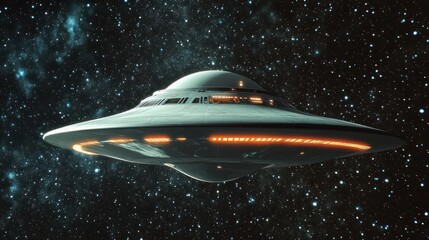 Obraz premium Extraterrestrial Encounter: Metallic Saucer Navigating Through Starry Cosmos