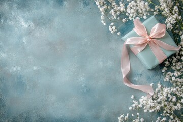 Light teal gift box with pale pink ribbon, surrounded by delicate white flowers on a textured blue background.  A thoughtful, feminine, and celebratory arrangement