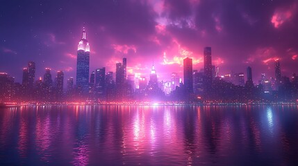 Fototapeta premium Colorful city skyline glowing at night high resolution picture