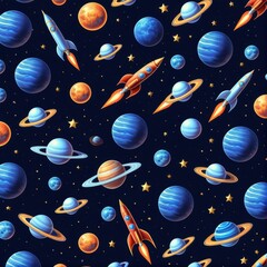 Holographic stickers featuring planets, UFOs, and rockets, metallic iridescent effects, starry dust, deep blue backdrop, sci-fi details.