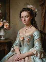 Renaissance  painting portrait of a Noble Lady in Light Green Floral Dress with Flowers in Hair, Rococo Style Portrait