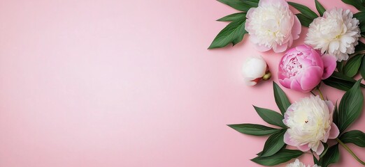 Peony flowers on pink background with copy space