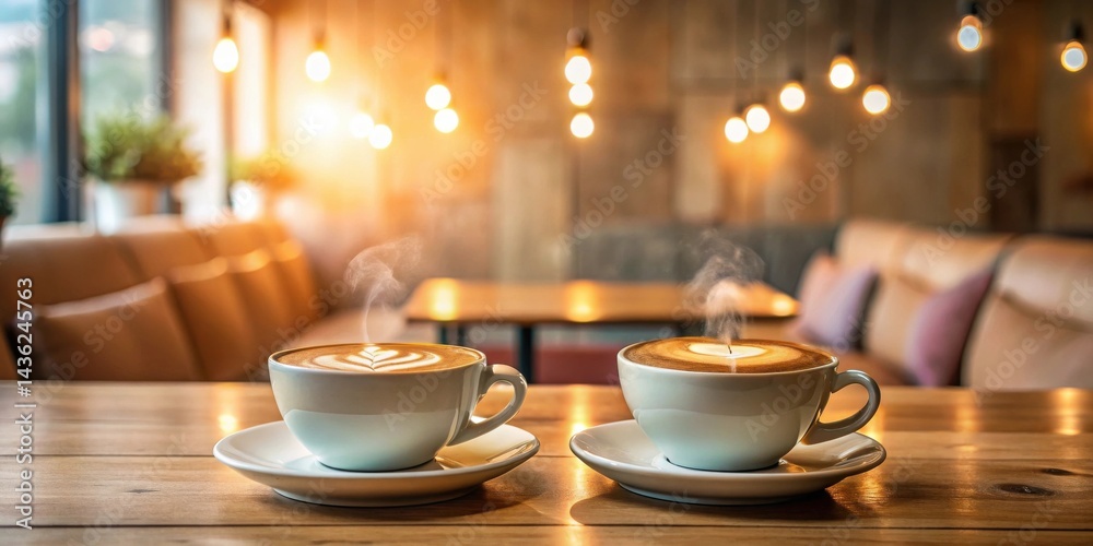 Poster two steaming cups of latte art coffee on a wooden table in a cafe with warm lighting