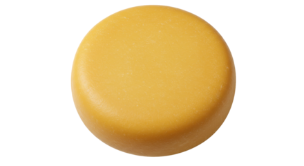 Round cheese wheel smooth and yellow set against a stark black void