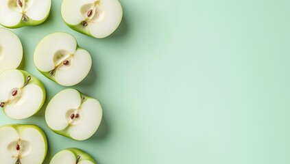 Halved green apples on pastel green background
