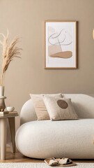 Elegant beige sofa abstract pillows and organic decor elements in a calm modern interior