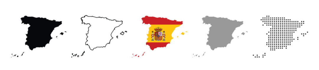 Obraz premium Spain map vector icon set. Silhouette, states, regions, outline, flag, flat, dotted styles. Vector illustration