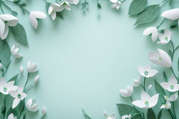 Naklejka premium Delicate paper flowers and leaves frame a pastel background.