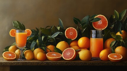 freshly squeezed orange juice lemon and grapefruit ,Lots ripe citrus with juices on wooden table on natural background ,Glass orange juice and orange slices for healthy breakfast on white wooden table