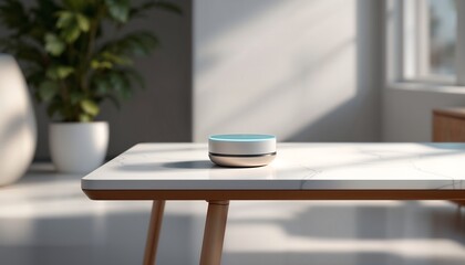 Smart Device on Table: A smart device, sleek and modern, rests on a minimalist marble table, suggesting innovation and ease. The device sits elegantly amid the soft natural light.