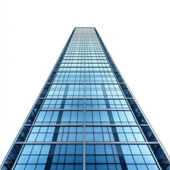 Low angle view of a tall glass skyscraper against a white sky