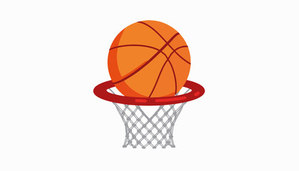Basketball resting on hoop against white background, sports illustration
