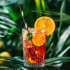 Fresh summer cocktail with carambola and straw on green table ,Homemade refreshing drink with soda and orange juice 