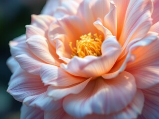 Obraz premium Extreme close-up macro of a delicate pink peach flower bloom with golden yellow stamens under soft natural sunlight against a dark background.