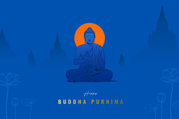 Happy Vesak Day, Buddha Purnima wishes greetings with the Buddha vector illustration. Can be used for a poster, social media banner, greeting card design 