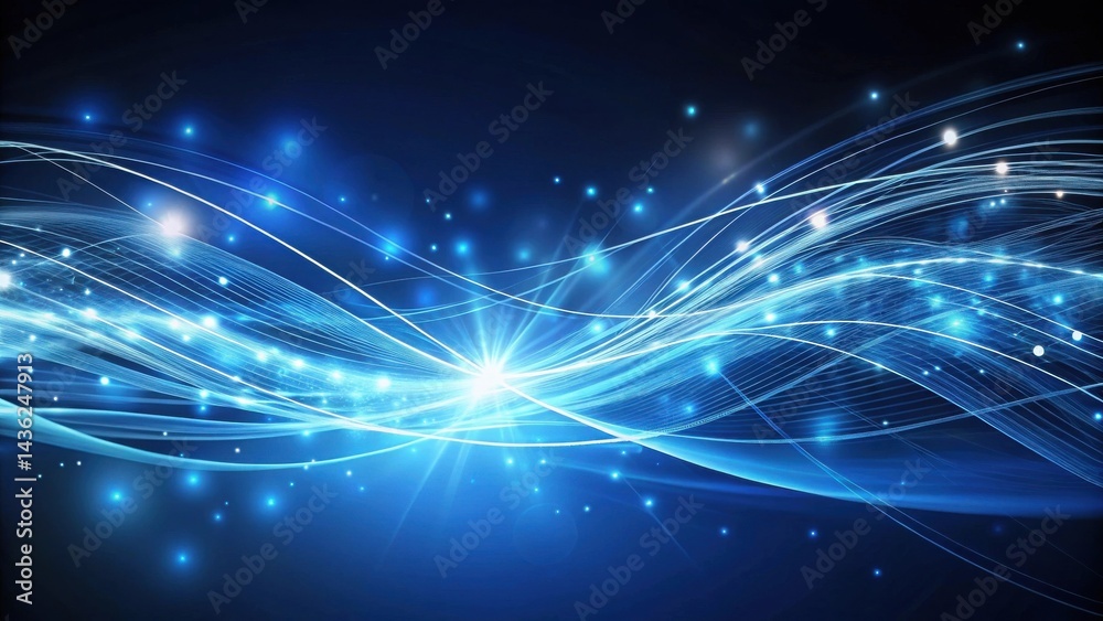 Poster abstract blue energy waves flowing through dark space with bright glowing particles