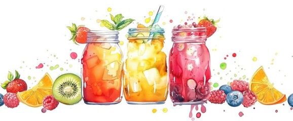 Set of cocktails with fruit, berries and ice ,Refreshing Summer Cocktails on White Background ,Colorful summer cocktails set with fruits and ice