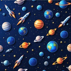 Naklejka premium Holographic stickers featuring planets, UFOs, and rockets, metallic iridescent effects, starry dust, deep blue backdrop, sci-fi details.