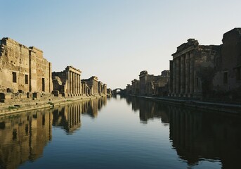 古代都市水面静寂の反射美しい夕陽